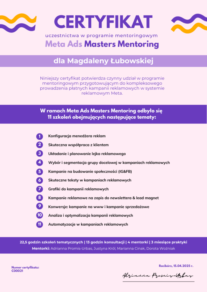 certyfikat uczestnictwa w programie mentoringowym